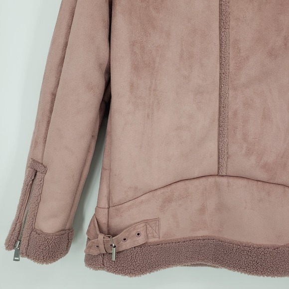 LOFT Faux Suede Aviator Jacket XS Sherpa Moto Asymmetrical Zip Up Mauve Pink - Picture 9 of 10
